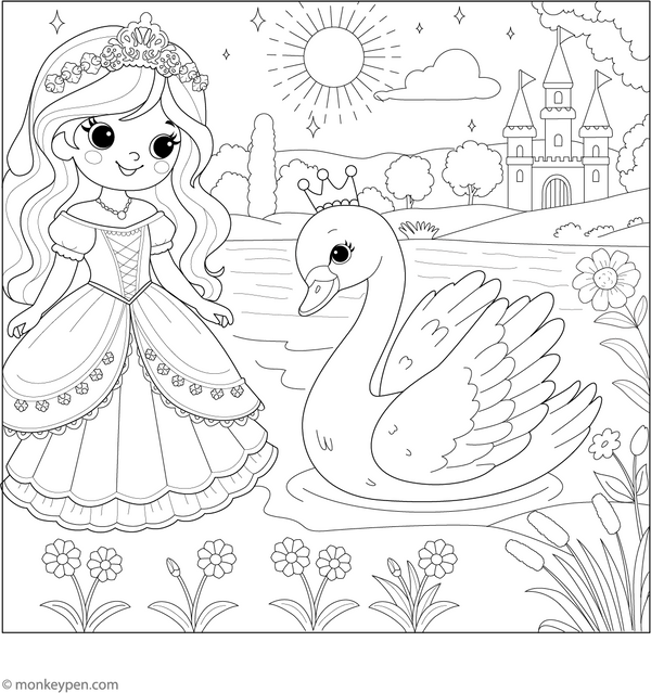 Swan and the Princess Coloring Page  – fun and educational printable for children