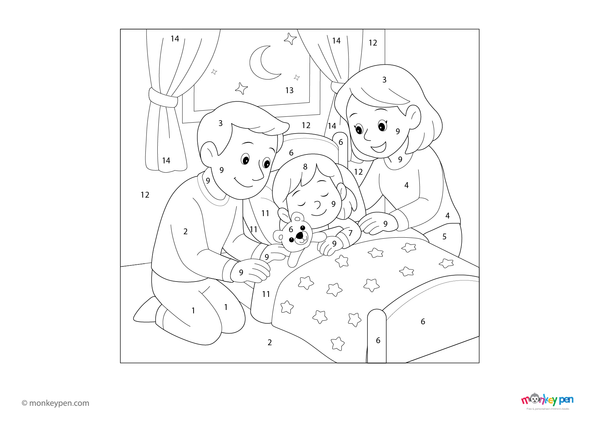 Downloadable color-by-number worksheet of parents helping their child sleep peacefully, with numbered areas for pajamas, bed, and cozy background.