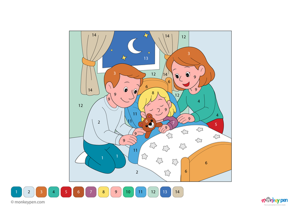 Downloadable color-by-number worksheet of parents helping their child sleep peacefully, with numbered areas for pajamas, bed, and cozy background.
