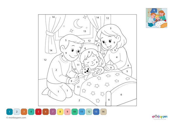 Downloadable color-by-number worksheet of parents helping their child sleep peacefully, with numbered areas for pajamas, bed, and cozy background.
