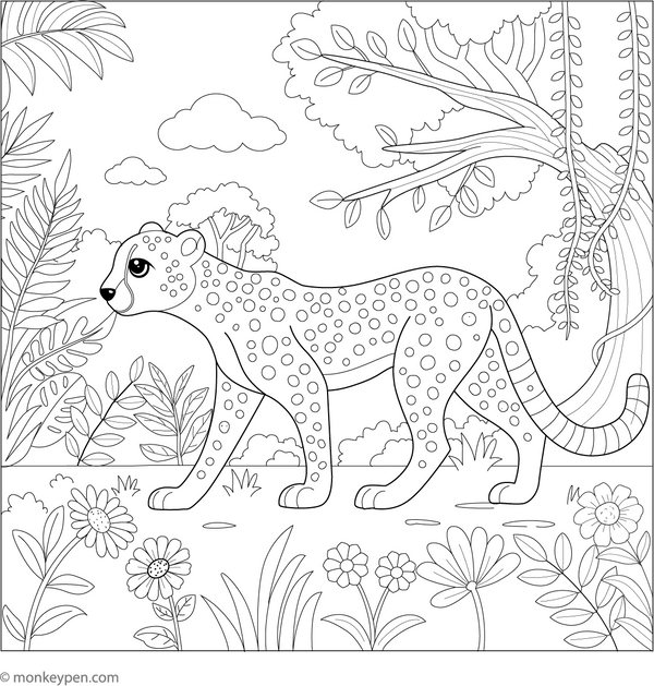 Cheetah in a Jungle coloring page – free printable for kids to color and enjoy