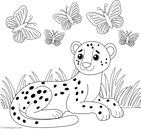 Cheetah with Butterfly Friends coloring page – free printable for kids to color and enjoy