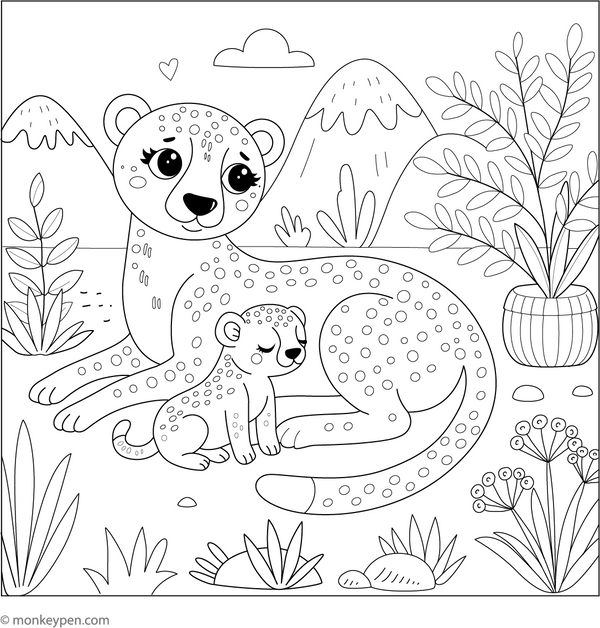 Cheetah Family coloring page – free printable for kids to color and enjoy