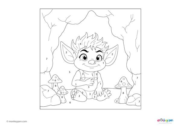 Downloadable color-by-number worksheet of a troll inside a forest cave, with numbered areas for the troll, cave walls, and woodland background.