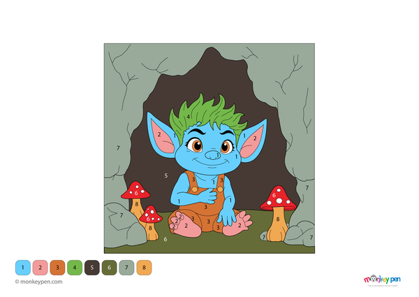 Downloadable color-by-number worksheet of a troll inside a forest cave, with numbered areas for the troll, cave walls, and woodland background.