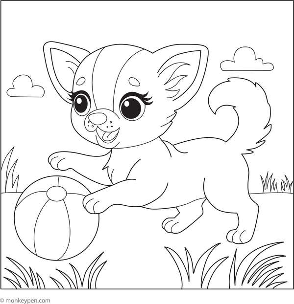 Chihuahua and a Ball coloring page – free printable for kids to color and enjoy