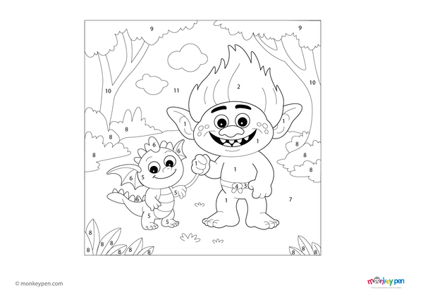 Downloadable color-by-number worksheet of a troll with its pet, with numbered areas for troll, pet, and background scenery.