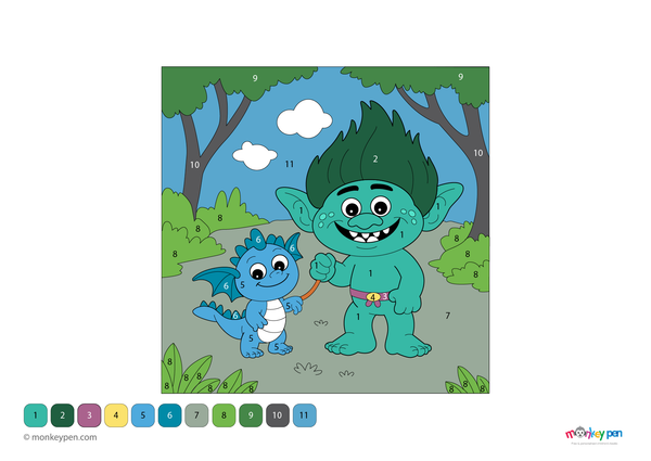 Downloadable color-by-number worksheet of a troll with its pet, with numbered areas for troll, pet, and background scenery.