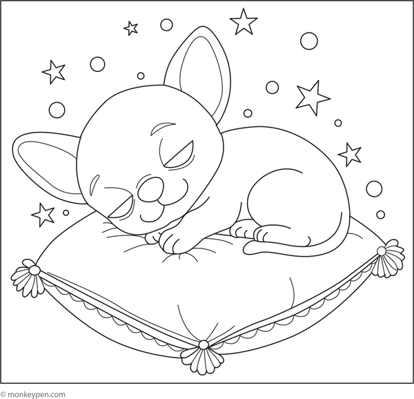 Chihuahua Sleeping on a Pillow coloring page – free printable for kids to color and enjoy