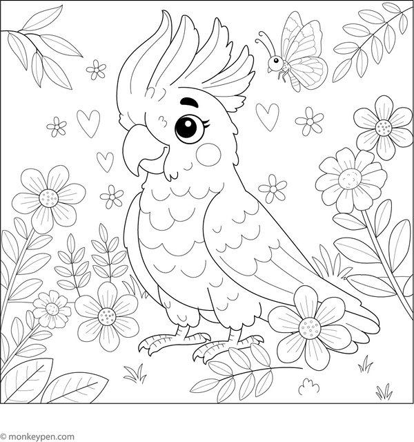 Cockatoo in a Flower Garden coloring page – free printable for kids to color and enjoy