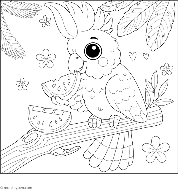 Cockatoo Eating Fruit coloring page – free printable for kids to color and enjoy