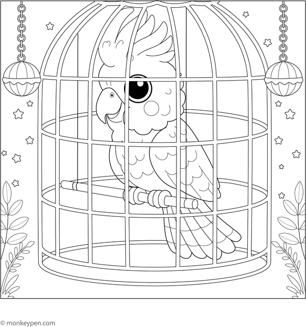 Cockatoo in a Cage coloring page – free printable for kids to color and enjoy