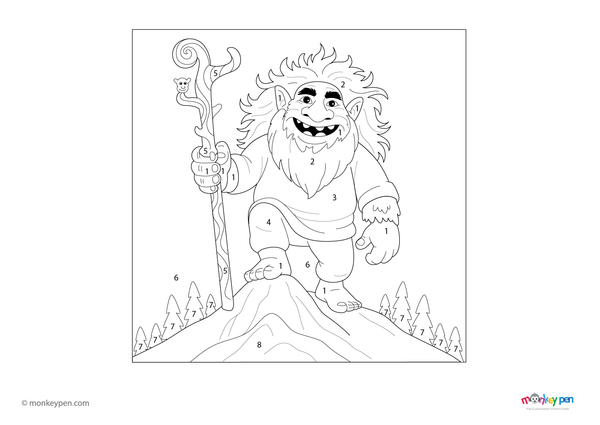 Color-by-number worksheet of a troll in the mountains – free download to color creature, rocky terrain, and scenic background.