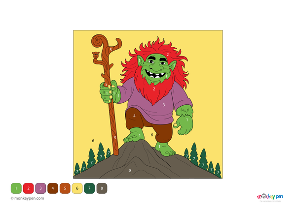 Color-by-number worksheet of a troll in the mountains – free download to color creature, rocky terrain, and scenic background.