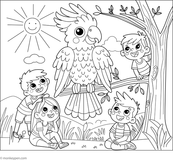 Cockatoo with Kids coloring page – free printable for kids to color and enjoy