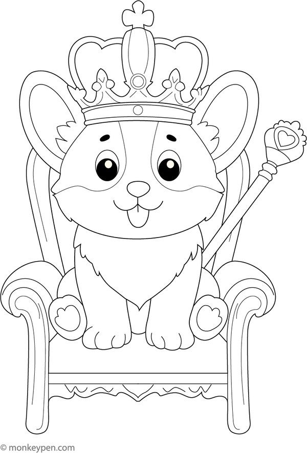 Corgi in a Crown coloring page – free printable for kids to color and enjoy