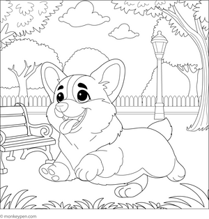Corgi Running in the Park coloring page – free printable for kids to color and enjoy