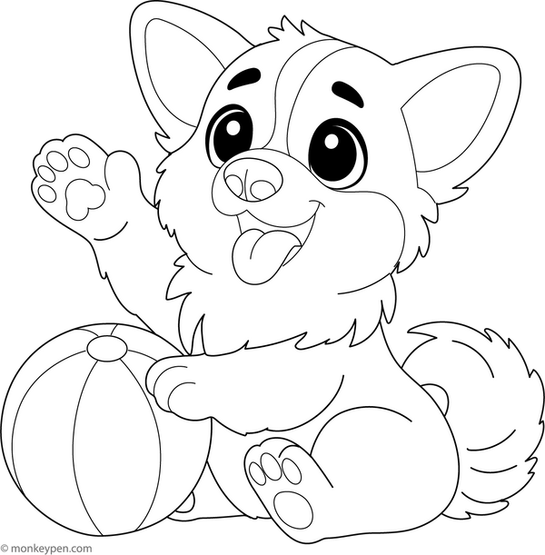 Corgi with Ball coloring page – free printable for kids to color and enjoy
