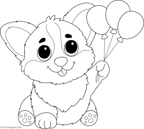 Corgi with a Balloon coloring page – free printable for kids to color and enjoy