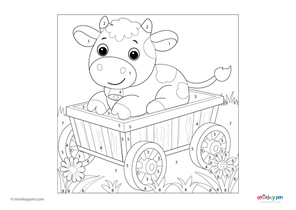 Color-by-number worksheet of a cow riding in a wagon – free download to color farm animal, cart, and countryside setting.