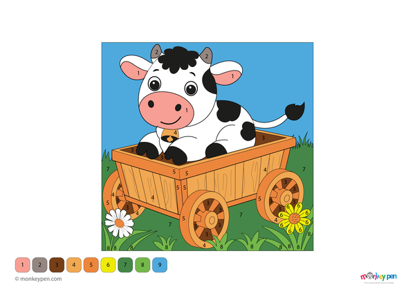 Color-by-number worksheet of a cow riding in a wagon – free download to color farm animal, cart, and countryside setting.