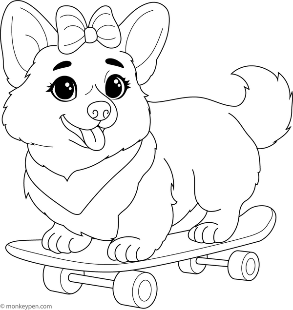 Corgi on a Skateboard coloring page – free printable for kids to color and enjoy
