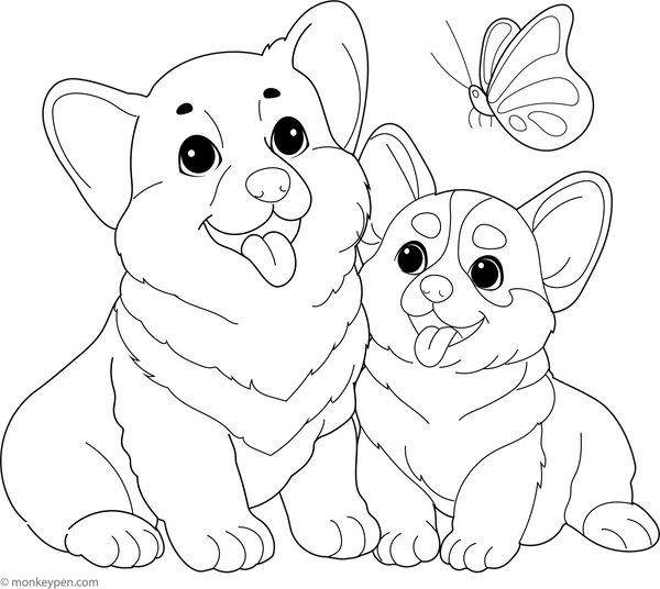 Corgi with Puppy Friends coloring page – free printable for kids to color and enjoy