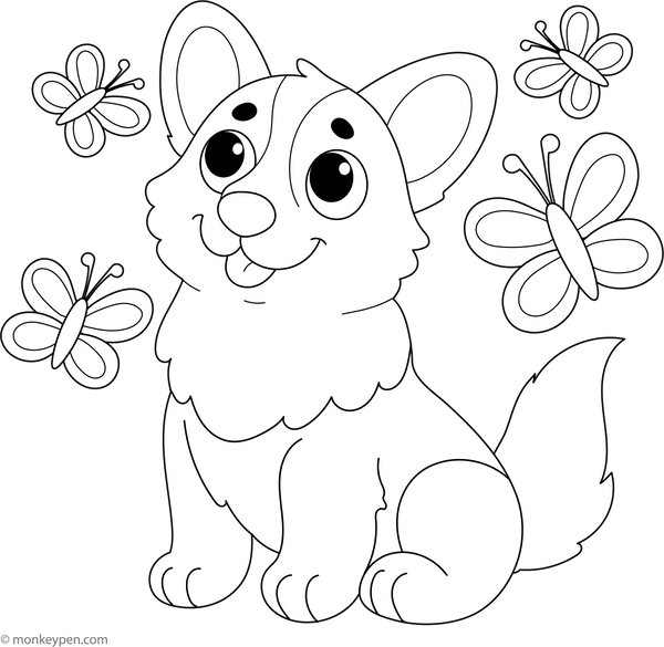 Corgi with Butterflies coloring page – free printable for kids to color and enjoy