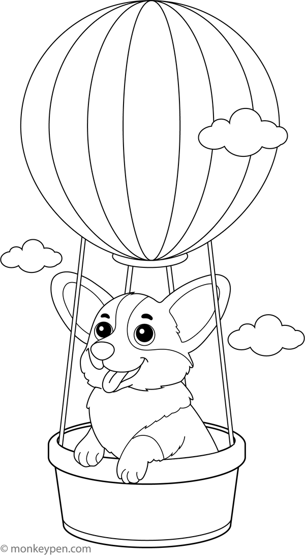 Corgi in a Hot Air Balloon coloring page – free printable for kids to color and enjoy