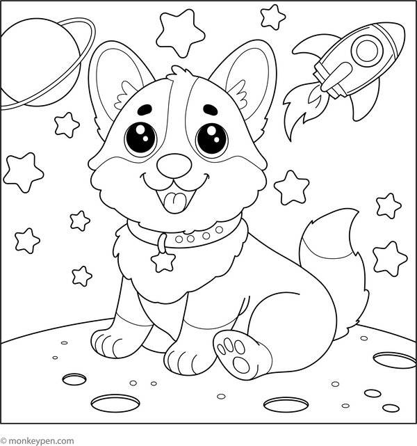 Corgi in Space coloring page – free printable for kids to color and enjoy