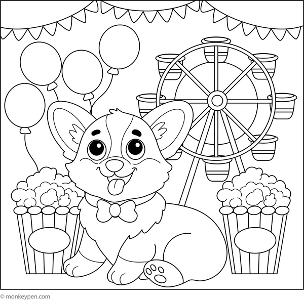 Corgi at a Carnival coloring page – free printable for kids to color and enjoy