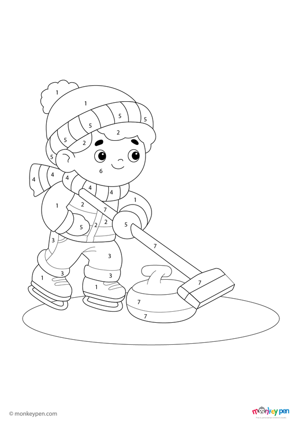 Downloadable color-by-number worksheet of a curling player sliding a stone on ice, with numbered areas for uniform, stone, and rink.