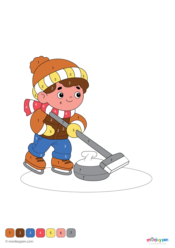 Downloadable color-by-number worksheet of a curling player sliding a stone on ice, with numbered areas for uniform, stone, and rink.