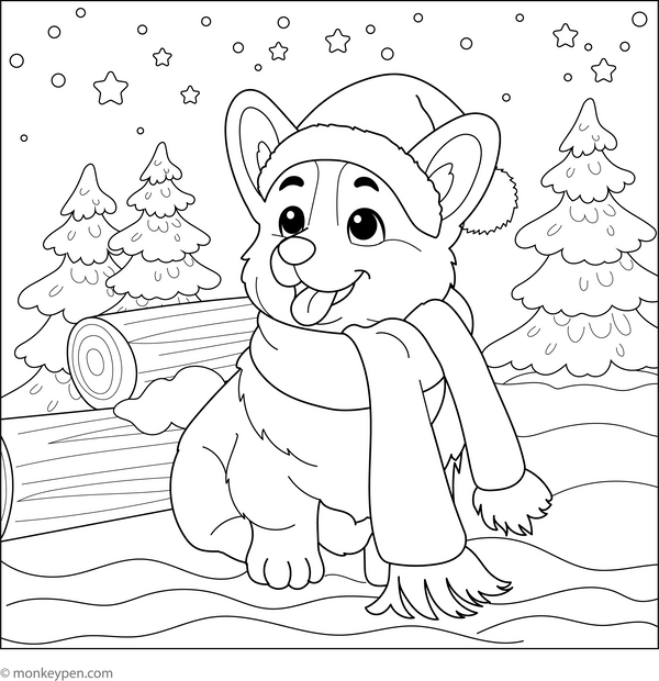 Corgi in a Winter Wonderland coloring page – free printable for kids to color and enjoy