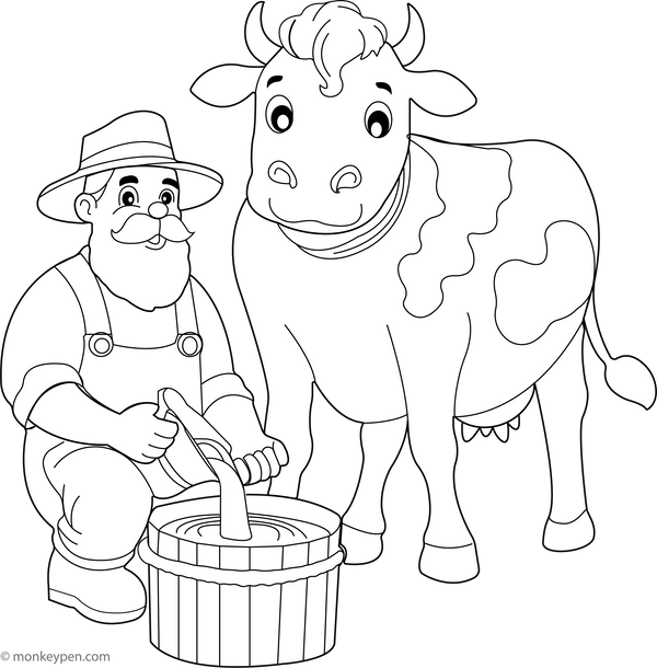Cow with a Farmer coloring page – free printable for kids to color and enjoy