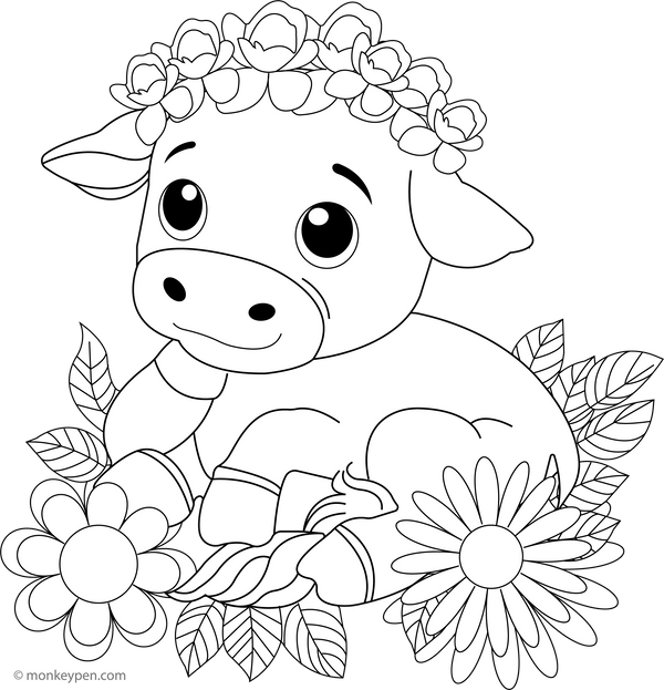 Cow in a Flower Crown coloring page – free printable for kids to color and enjoy