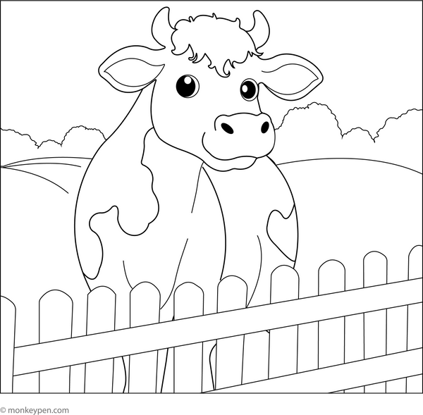 Cow on a Farmyard Fence coloring page – free printable for kids to color and enjoy