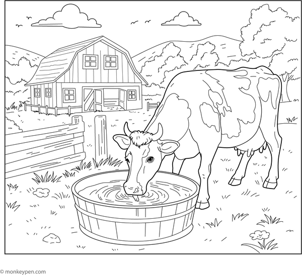 Cow and a Water Trough coloring page – free printable for kids to color and enjoy