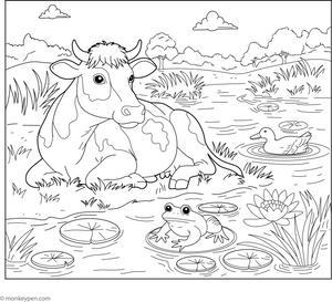 Cow and a Pond coloring page – free printable for kids to color and enjoy