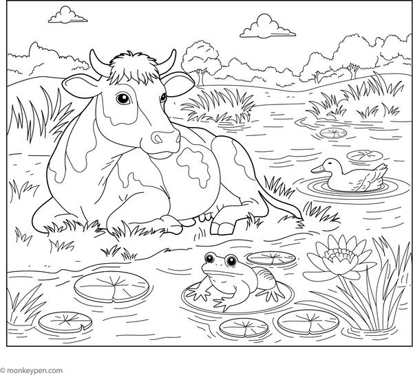 Cow and a Pond coloring page – free printable for kids to color and enjoy