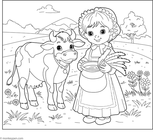 Cow and a Milkmaid coloring page – free printable for kids to color and enjoy