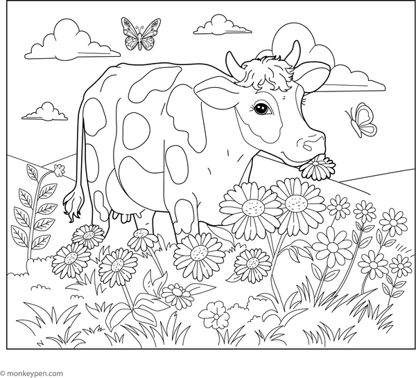Cow Eating Wildflowers coloring page – free printable for kids to color and enjoy