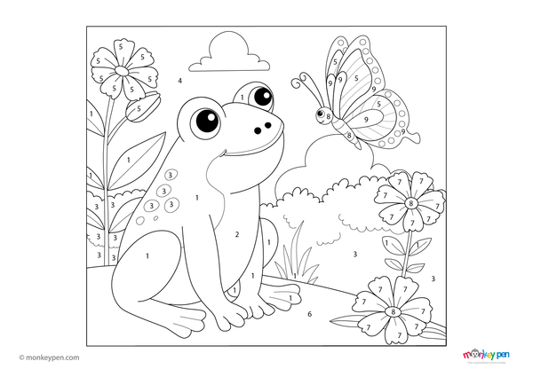 Downloadable color-by-number worksheet of a frog watching a butterfly in nature, with numbered areas for frog, butterfly, and outdoor scenery.