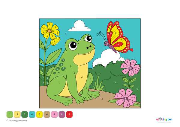 Downloadable color-by-number worksheet of a frog watching a butterfly in nature, with numbered areas for frog, butterfly, and outdoor scenery.
