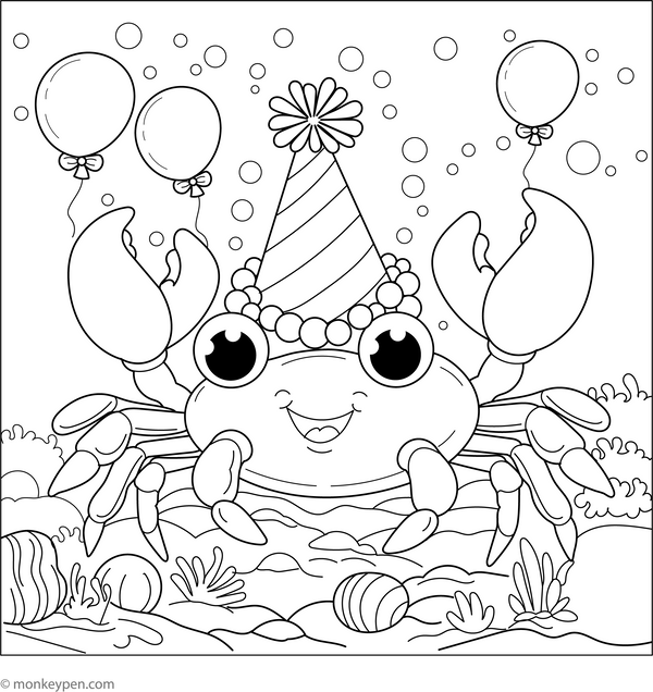 Crab Underwater Party coloring page – free printable for kids to color and enjoy
