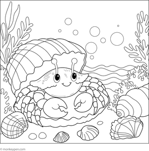 Crab in a Seashell Bed coloring page – free printable for kids to color and enjoy