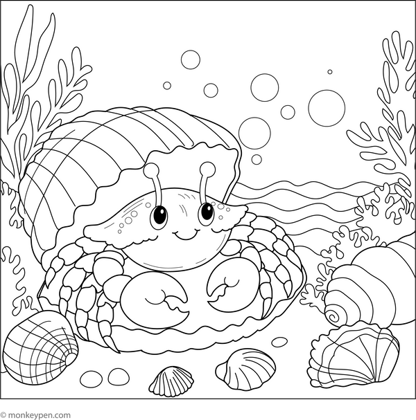 Crab in a Seashell Bed coloring page – free printable for kids to color and enjoy