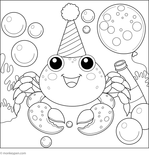 Crab and a Bubble Party coloring page – free printable for kids to color and enjoy