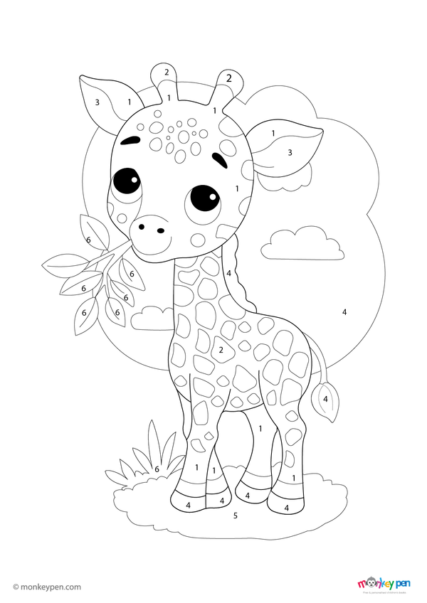 Color-by-number worksheet of a giraffe standing tall – free download to color neck, patterned spots, and wildlife scenery.