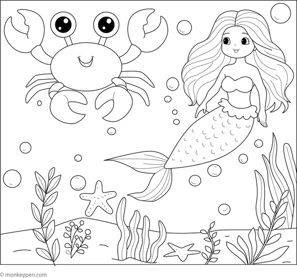 Crab with a Mermaid coloring page – free printable for kids to color and enjoy